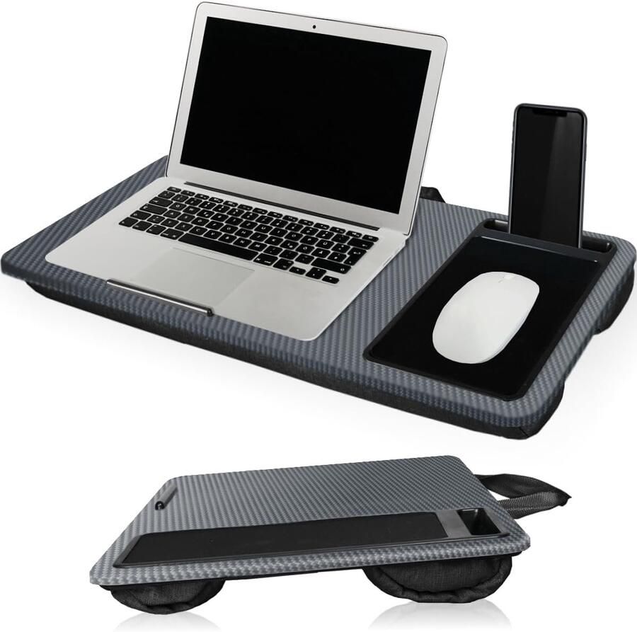 HMTM Laptopkussen laptoptafel onderlegger laptop tablet met muismat en houder voor mobiele telefoon (carbon look)