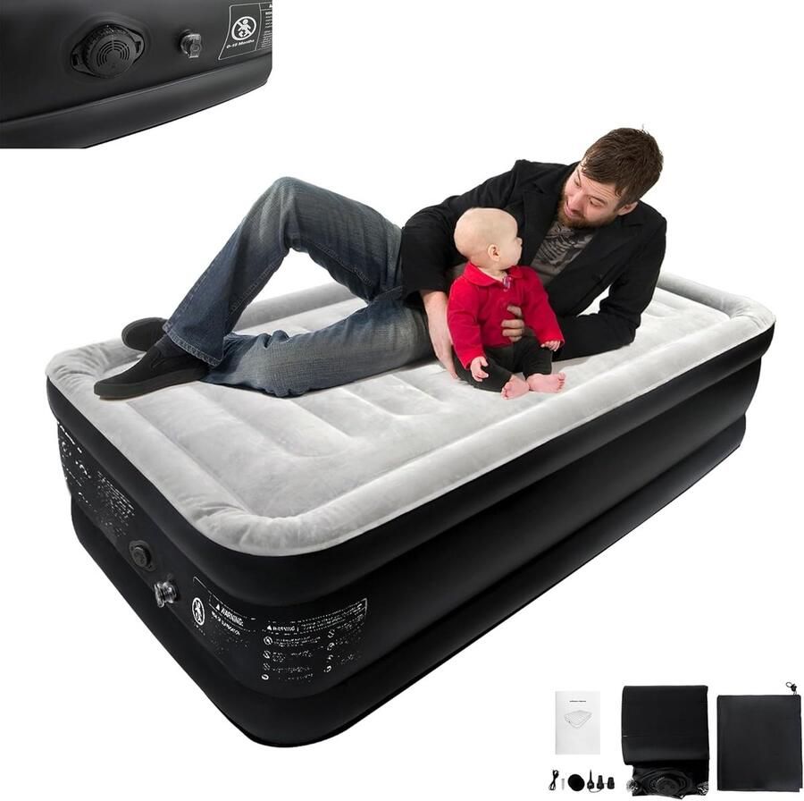 HMTM Luchtbed zelfopblazend opblaasbaar matras logeerbed met geïntegreerde elektrische pomp luchtmatras voor camping of thuisgebruik met tas maximaal 300 kg 187 x 90 x 46 cm -1078