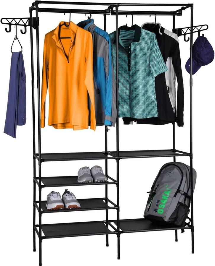 HMTM Metalen garderobe met 6 planken en kledingstang 170 x 108 cm kledingrek zwart vrijstaand kledingkast open kapstok entreekast met schoenenrek