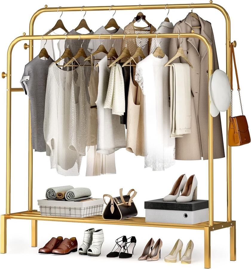 HMTM Metalen kledingrek 111 x 141 5 cm kledingrek voor slaapkamer met 2 rails voor het ophangen van kleding schoenen en kledingopslag goud