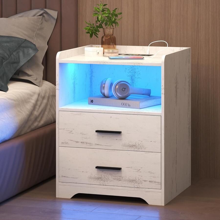 HMTM Nachtkastje met RGB-licht led-nachtkastjes met oplaadfunctie nachtkastje met USB & Type-C modern houten nachtkastje met 2 laden nachtkastje voor slaapkamer bedtafel wit hout -9113C-23