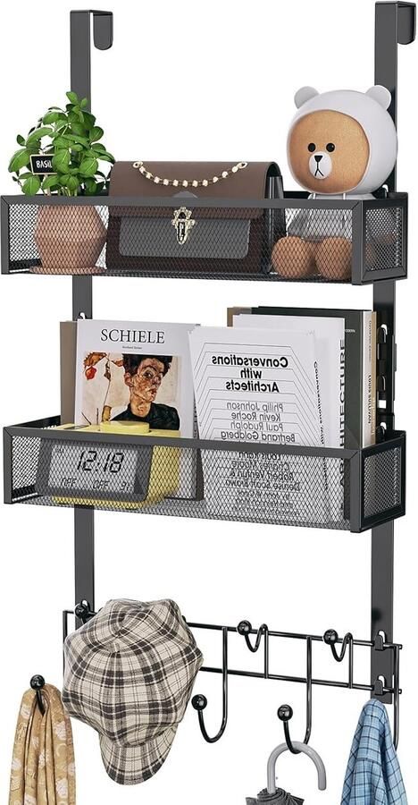 HMTM Overdeurhanger met 9 kapstokhaken en 2 manden roestvrij staal roestvrij en waterdicht over deurhaak over deur kapstokhaken voor badkamer keuken slaapkamer zwart (voor 4 5 cm deuren)