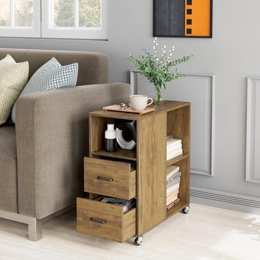HMTM Rolcontainer archiefkast met lade en vakken bureaukast opbergkast bijzettafel voor woonkamer slaapkamer en kantoor (bruin) -H-002
