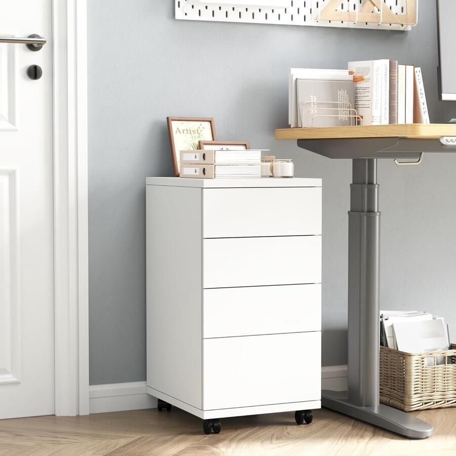 HMTM Rollcontainer mit 4 Schubladen Aktenschrank mit Rollen Büroschrank unter dem Schreibtisch für Zuhause und Büro weiß 33 x 39 x 63 5 cm -PB-023