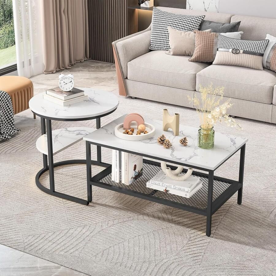 HMTM Ronde salontafelset van 2 kunstmarmeren salontafel met zwart metalen frame ronde bijzettafel moderne salontafel bijzettafels voor de woonkamer slaapkamer