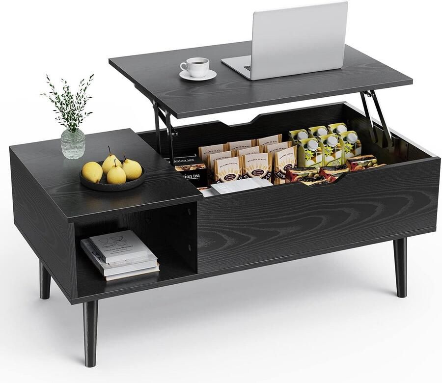 HMTM Salontafel in hoogte verstelbaar tafel woonkamertafel open en verborgen opbergruimte salontafel bijzettafel 100 x 50 cm houten banktafel voor woonkamer zwart