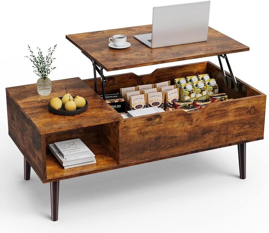 HMTM Salontafel in hoogte verstelbaar tafel woonkamertafel open en verborgen opbergruimte salontafel bijzettafel 100 x 50 cm houten banktafel voor woonkamer bruin