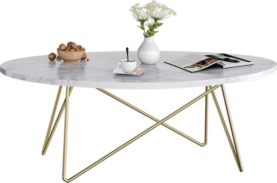 SureDeal Depot SureDeal Salontafel Huiskamer Luxe Goud Marmer Ovaal 120x60x41 cm Bijzettafel Design Consoletafel