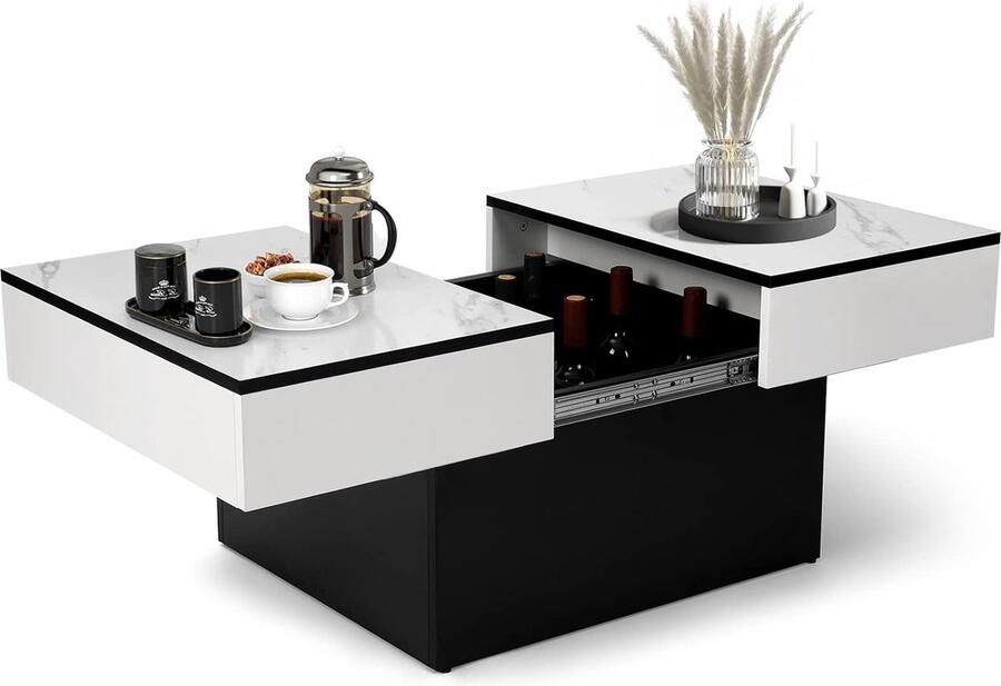 HMTM Salontafel moderne salontafel uittrekbaar bureau woonkamertafel met 2 opbergruimtes hoogglans afwerking 114 x 58 x 40 cm woonkamertafel (wit marmer) -JY-1229L