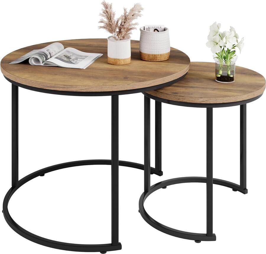 HMTM Salontafel set van 2 bijzettafel rond woonkamertafel van hout en metaal kleine tafel voor woonkamer 40 x 40 cm grote koffietafel 60 x 40 cm naturel -FIR-162