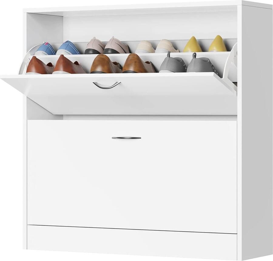 HMTM Schoenenkast wit smal schoenenrek met 2 klepplades schoenenkast van hout voor hal 80 x 23 5 x 80 cm -FP-121