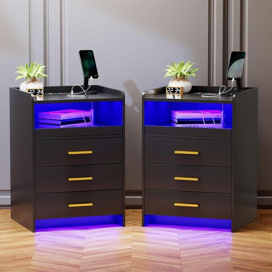 HMTM set van 2 nachtkastjes met oplaadfunctie smart nachtkastje met 24 kleuren dimbaar sideboard met 3 laden USB Type-C automatische sensor slaapkamer zwart -YX-91016-27