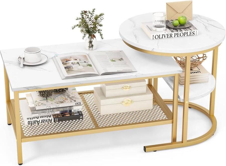 HMTM Set van 2 salontafels bijzettafel marmerlook met metalen frame en plank koffietafel woonkamertafel banktafel voor woonkamer slaapkamer (wit + goud) -PH-001