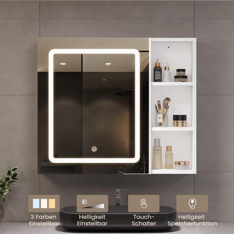 HMTM Spiegelkast badkamer met ledverlichting 70 x 16 x 60 cm enkele deur badkamer spiegelkast met instelbare plank en open opbergruimte badkamerkast met spiegel hangkast badkamerspiegel wit [Energieklasse A] -503279