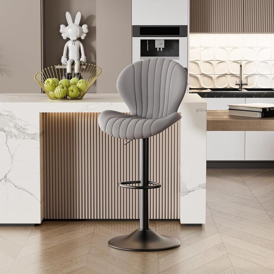 HMTM Verstelbare barkruk waterdicht PU-leer draaibare eetkamerstoel met rugleuning en voetsteun 136 kg capaciteit barkruk toonhoogte voor bar keuken eetkamer (grijs)