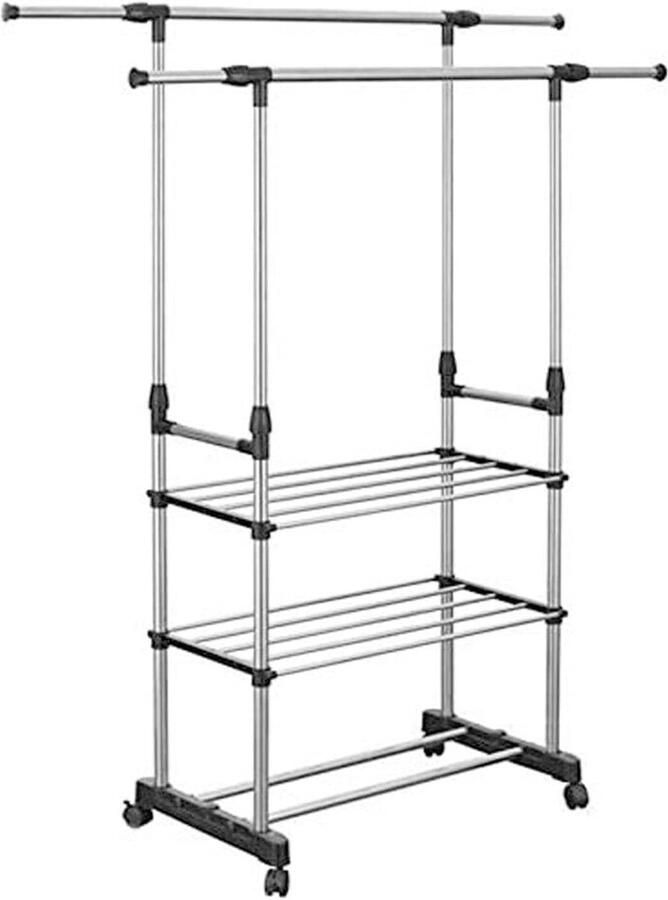 HMTM Verstelbare kledingrek met dubbele stang mobiel kledingrek op 4 wielen met kledingstang en plank voor slaapkamer (zilver)