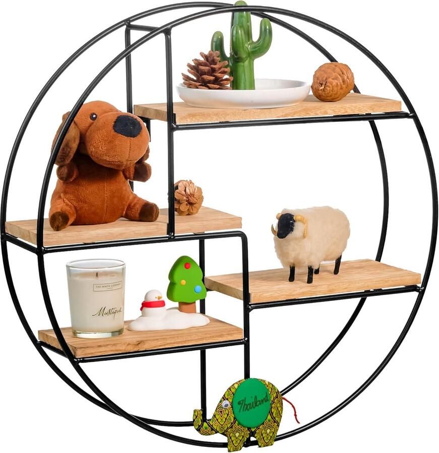 HMTM Wandplank cirkel metaal rond met houten planken zwevende planken voor woonkamer badkamer en slaapkamer industriële stijl wanddecoratie 42 x 10 cm