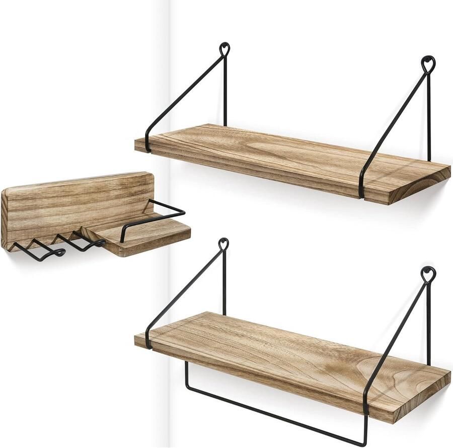 HMTM Wandrek hout zwevende plank hangrek keuken smeedijzer praktische decoratieve planken van hout voor woonkamer slaapkamer badkamer kinderkamer set van 3