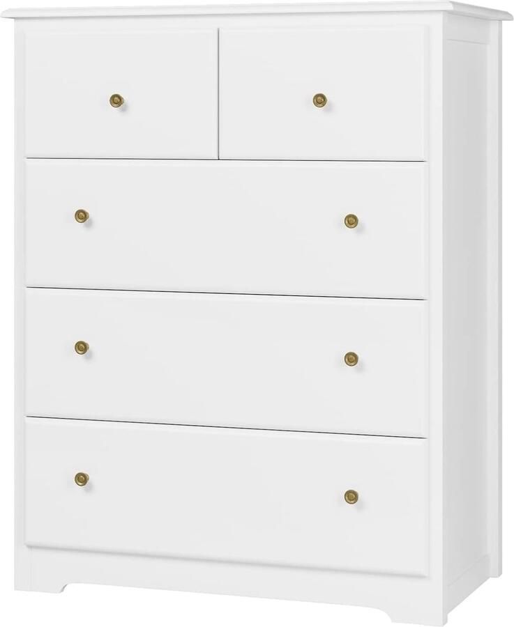 HMTM Witte ladekast met 5 lades wit dressoir met retro handgrepen en veel opbergruimte ladekast voor woonkamer slaapkamer hal 74 x 40 x 94 cm -H-MD-113