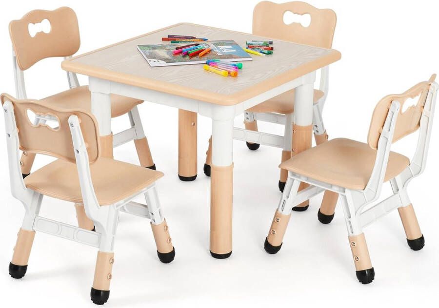 HMTM Kindertafel met 4 stoelen in hoogte verstelbaar tafelstoelset voor kinderkamer plastic kindermeubels zitgroep voor jongens en meisjes vanaf 2 jaar (geel vierkante tafel)