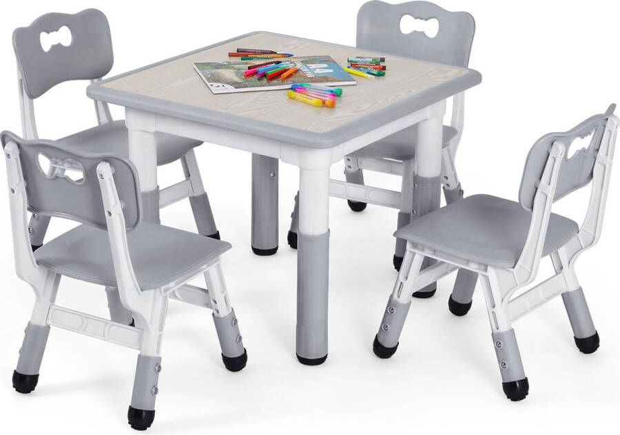 HMTM Kindertafel met 4 stoelen in hoogte verstelbaar tafelstoelset voor kinderkamer plastic kindermeubels zitgroep voor jongens en meisjes vanaf 2 jaar grijs vierkante tafel