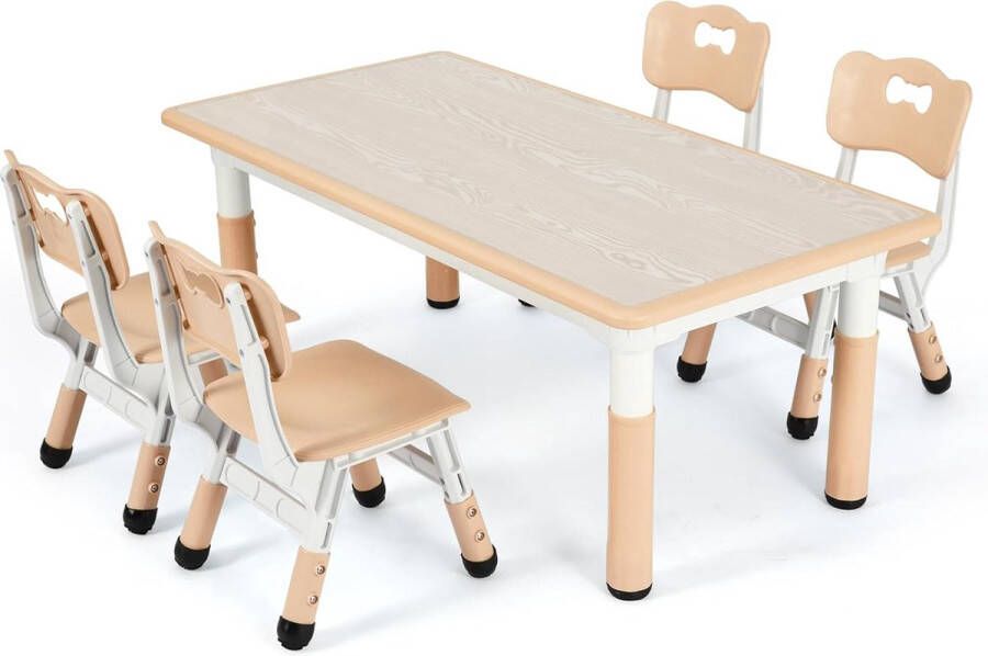HMTM Kindertafel met 4 stoelen in hoogte verstelbaar tafelstoelset voor kleuterschool en kinderkamer plastic kindermeubels zitgroep voor jongens en meisjes vanaf 2 jaar geel