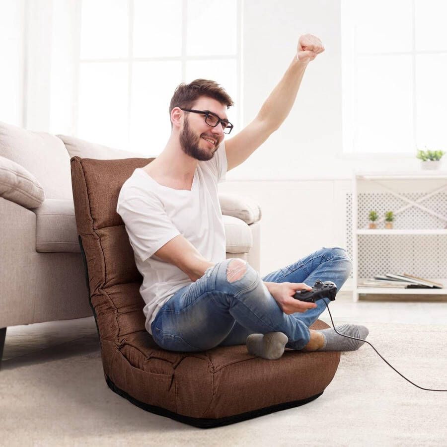 HMTM Lazy Vloerstoel opvouwbaar met 4-traps verstelbare rugleuning 5-5 standen verstelbaar hoofdeinde klapstoel met zijvak vloerstoel voor thuis en kantoor (bruin) HMCWHW66375