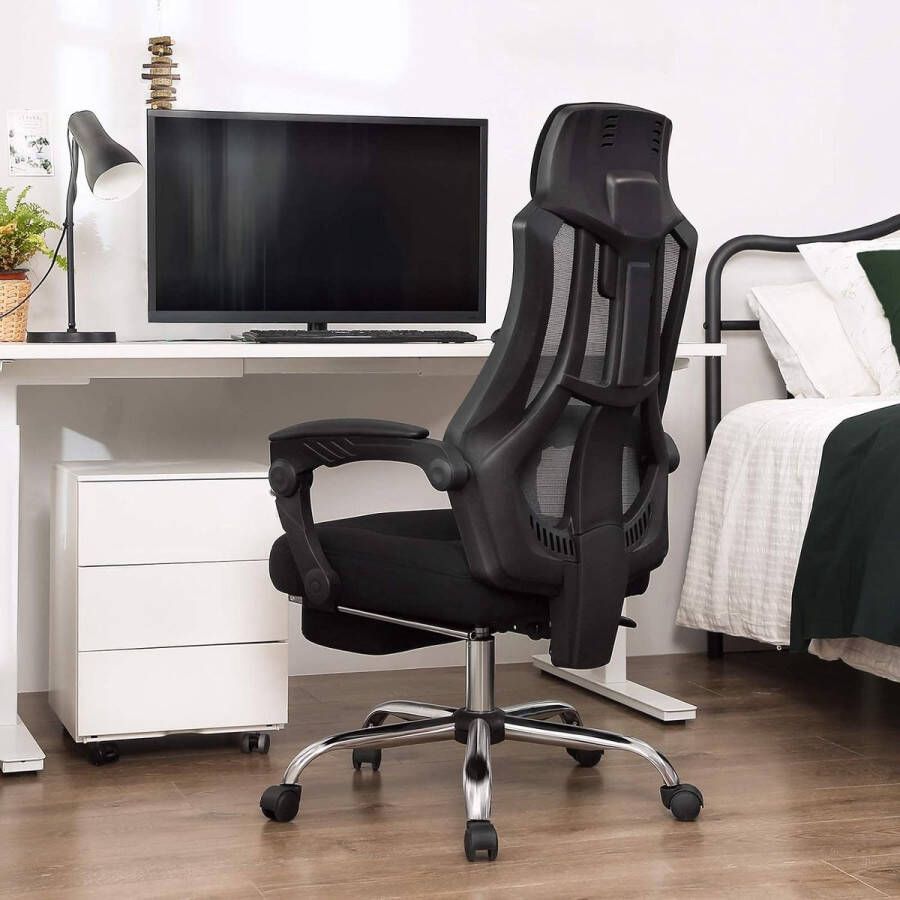 HMTM Mesh bureaustoel ergonomische draaistoel met in hoogte verstelbare hoofd- en voetsteun verstelbare rugleuning tot 135° zwart en donkergrijs HMBN056B02