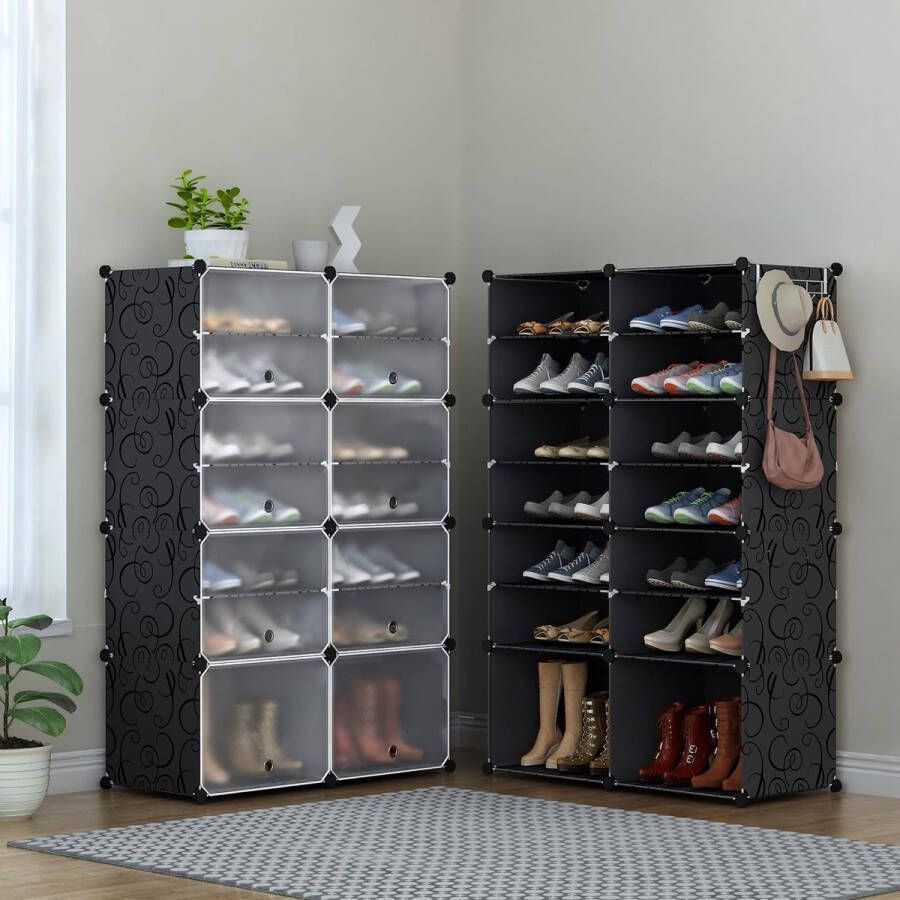 HMTM Schoenenrek 7-traps schoenenkast kunststof schoenenrek organizer voor kast hal slaapkamer entree (zwart & wit)