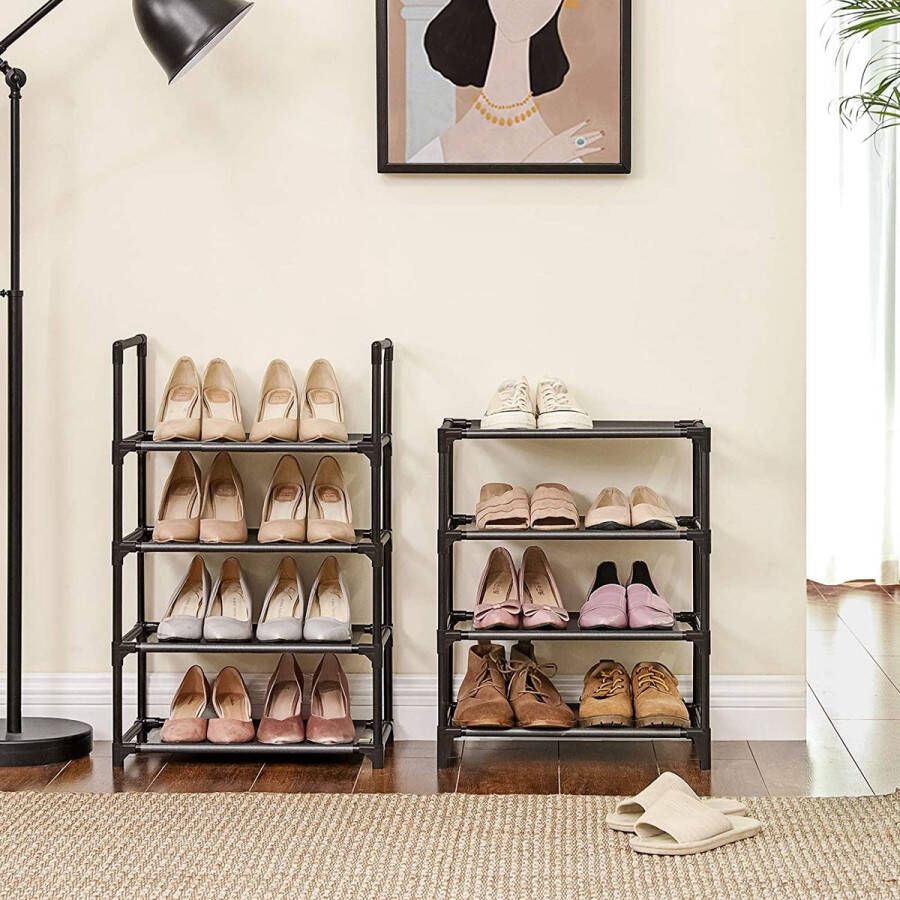 HMTM schoenenrek met 8 planken staande plank multifunctioneel schoenenrek metalen frame niet-geweven stof voor 16-20 paar schoenen gang slaapkamer keuken 46 x 28 x 145 cm zwart HMSR24BK