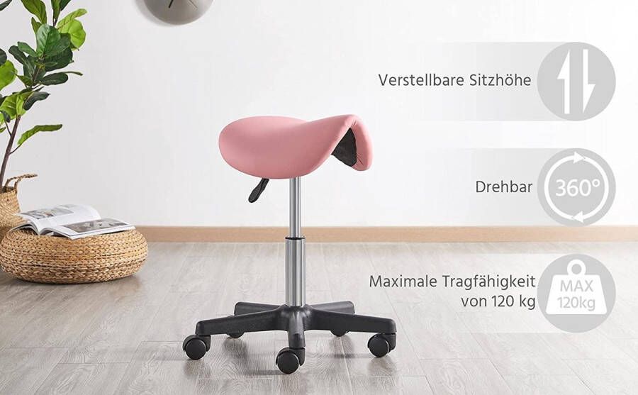HMTM Zadelkruk rolkruk werkkruk met wieltjes draaikruk in hoogte verstelbaar zitkruk bureaukruk voor kantoor salon massage spa roze HM-YAHEE-591510