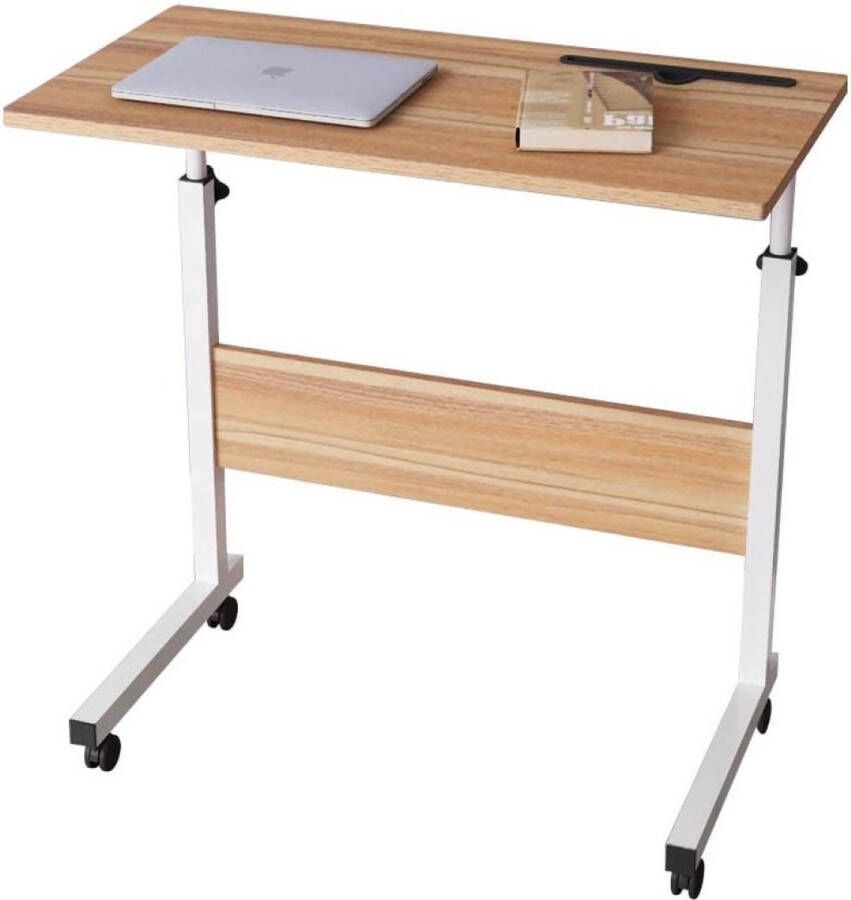 HN Laptoptafel Eikenhout met telefoonhouder 80x40cm Laptoptafel in Hoogte Verstelbaar tot max. 90cm Bijzettafel op wieltjes met tabletgleuf Ideaal als bed tafel en ontbijttafel Notebook Standaard