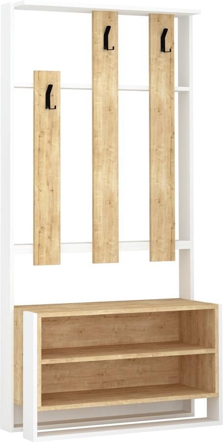 Hocus Picus Chester Kapstok met Schoenenrek – Halmeubel 90×180×36 cm – Walnoot & Metaal – Kledingrek met Planken & Haken – Compacte Opbergkast voor Hal of Entree – Modern Luxe Meubel (Wit – Eiken)