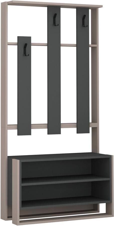 Hocus Picus Chester Kapstok met Schoenenrek – Halmeubel 90×180×36 cm – Walnoot & Metaal – Kledingrek met Planken & Haken – Compacte Opbergkast voor Hal of Entree – Modern Luxe Meubel (Licht Mocha – Antraciet)