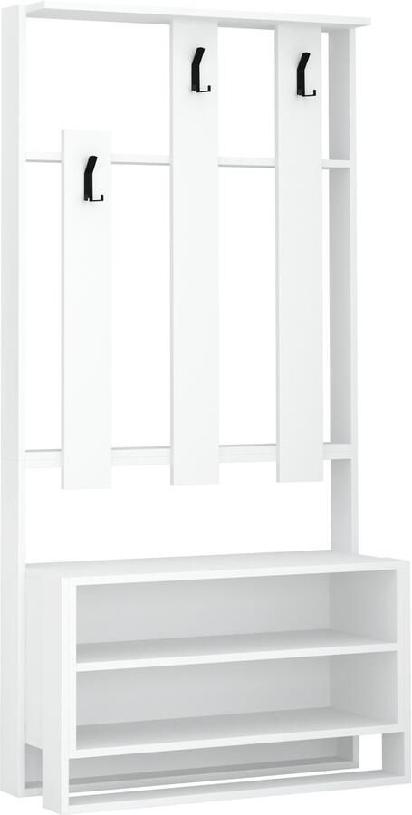 Hocus Picus Chester Kapstok met Schoenenrek – Halmeubel 90×180×36 cm – Walnoot & Metaal – Kledingrek met Planken & Haken – Compacte Opbergkast voor Hal of Entree – Modern Luxe Meubel (Wit)