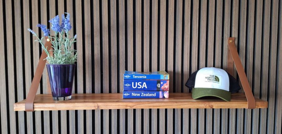 Absteigerhout Hoexs Acacia Hout 70 cm Inclusief Plankdragers Cognac- Boekenplank Boekenrek Wandplank Inclusief Bevestigingsmateriaal Vintage