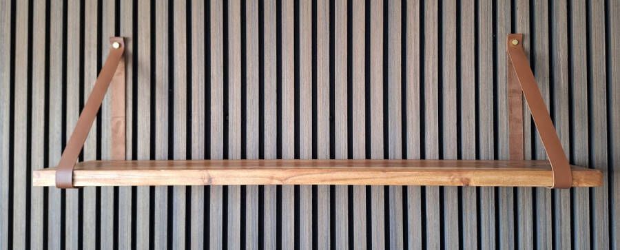 Absteigerhout Hoexs Acacia Hout 80 cm Leren Plankdragers Cognac Vintage Wandplank