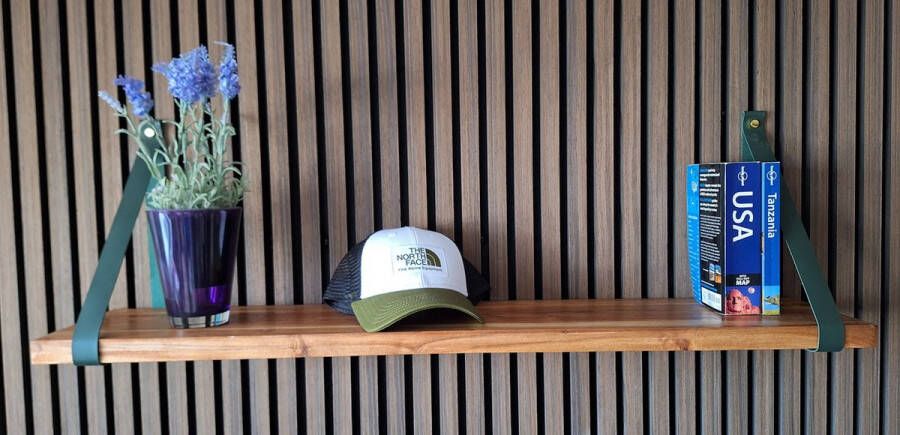 Absteigerhout Hoexs Acacia Hout 90 cm Leren Plankdragers Groen Vintage Wandplank