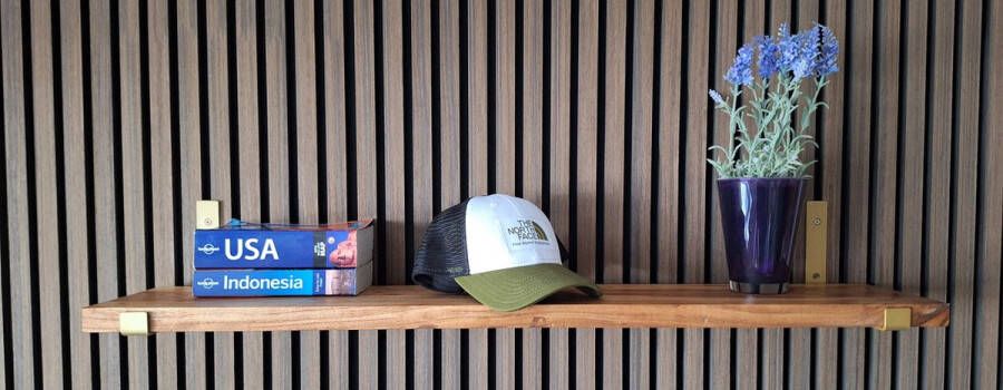 Absteigerhout Hoexs AcaciaHout 80 cm Metalen Plankdragers Goud Industrieel Wandplank Decoratie Keukenplank