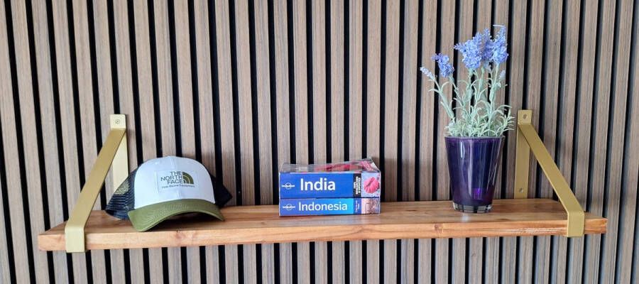 Absteigerhout Hoexs AcaciaHout 90 cm Metalen Plankdragers Goud Industrieel Wandplank Decoratie Keukenplank