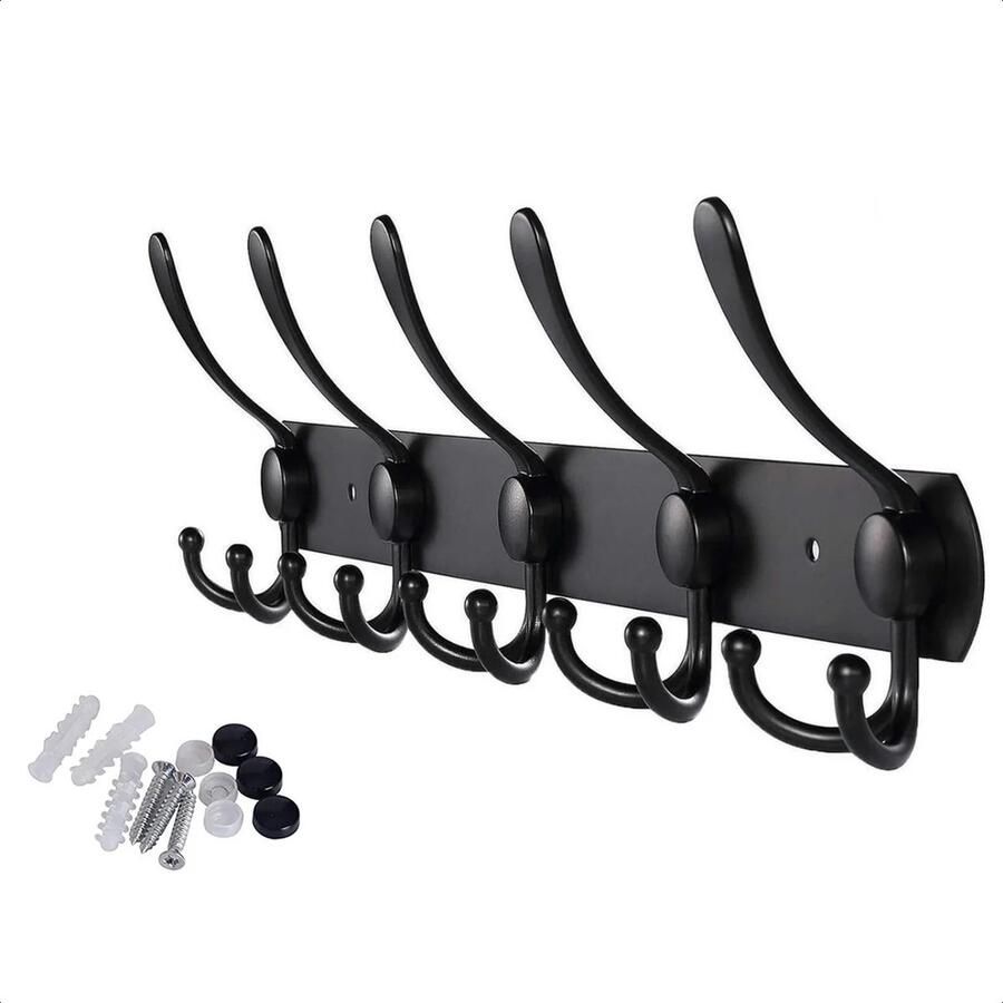 Absteigerhout Wandkapstok 15 haken 45cm Inclusief bevestigingsmateriaal Kapstokken RVS Muur Wand Kapstok Hangende Design Muurkapstok Handdoekrek Mat Zwart Metaal