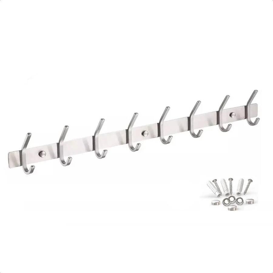 Absteigerhout Wandkapstok 16 haken RVS 60cm Inclusief bevestigingsmateriaal Kapstokken Muur Wand Kapstok Hangende Design Muurkapstok Handdoekrek Zilver Metaal