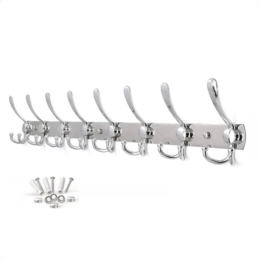 Absteigerhout Wandkapstok 24 haken RVS 75cm Inclusief bevestigingsmateriaal Kapstokken Muur Wand Kapstok Hangende Design Muurkapstok Handdoekrek Zilver Metaal