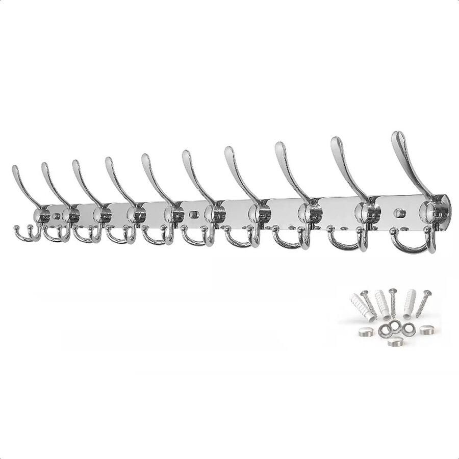 Absteigerhout Wandkapstok 30 haken RVS 96cm Inclusief bevestigingsmateriaal Kapstokken Muur Wand Kapstok Hangende Design Muurkapstok Handdoekrek Zilver Metaal