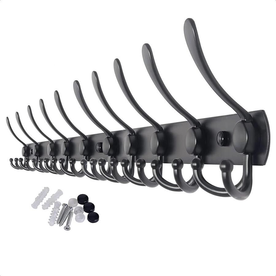 Absteigerhout Wandkapstok 30 haken 96cm Inclusief bevestigingsmateriaal Kapstokken RVS Muur Wand Kapstok Hangende Design Muurkapstok Handdoekrek Mat Zwart Metaal