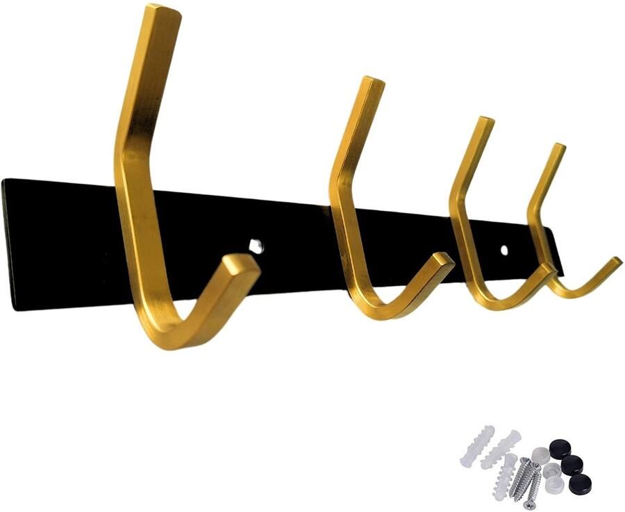 Hoexs Wandkapstok Goud Zwart – 4x2 Haken – 30cm – Inclusief Bevestiging