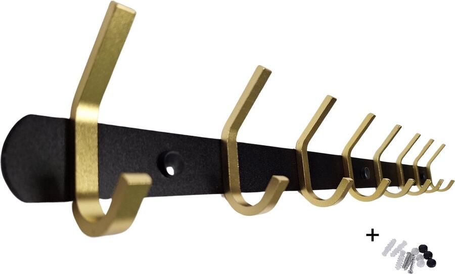 Hoexs Wandkapstok Zwart Goud 16 Haken Kapstokken 60 cm Incl. bevestigingsmateriaal Hangend Design Muurkapstok