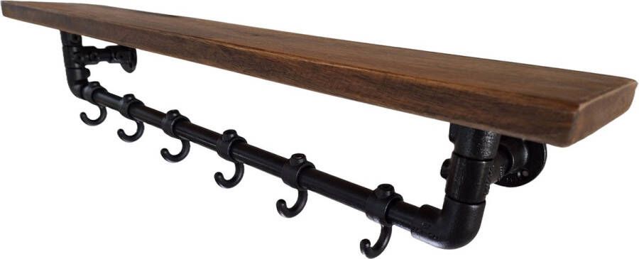 Absteigerhout Hoexs Industriële Wandkapstok Mangohout Kapstok met Bovenplank Zwart 90 Cm 6 Haken Inclusief Bevestigingsmateriaal Decoratie