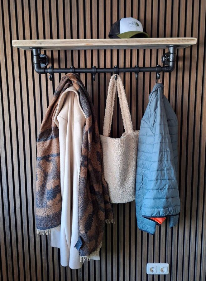 Absteigerhout Hoexs Industriële Wandkapstok Steigerhout Kapstok met Bovenplank Zwart 70 Cm 6 Haken Inclusief Bevestigingsmateriaal Decoratie - Foto 2
