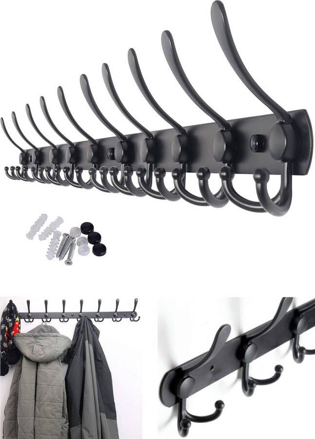 Hoexs Kapstok Zwart 10 x 3 haken 96cm Wandkapstok Muur Kapstok Hangende Design Handdoekrek Mat inclusief bevestigingsmaterialen - Foto 2